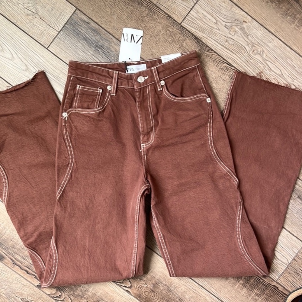 Zara brown wide leg jeans with raw seam. Size 0 (32/22). Guc - Picture 2 of 7